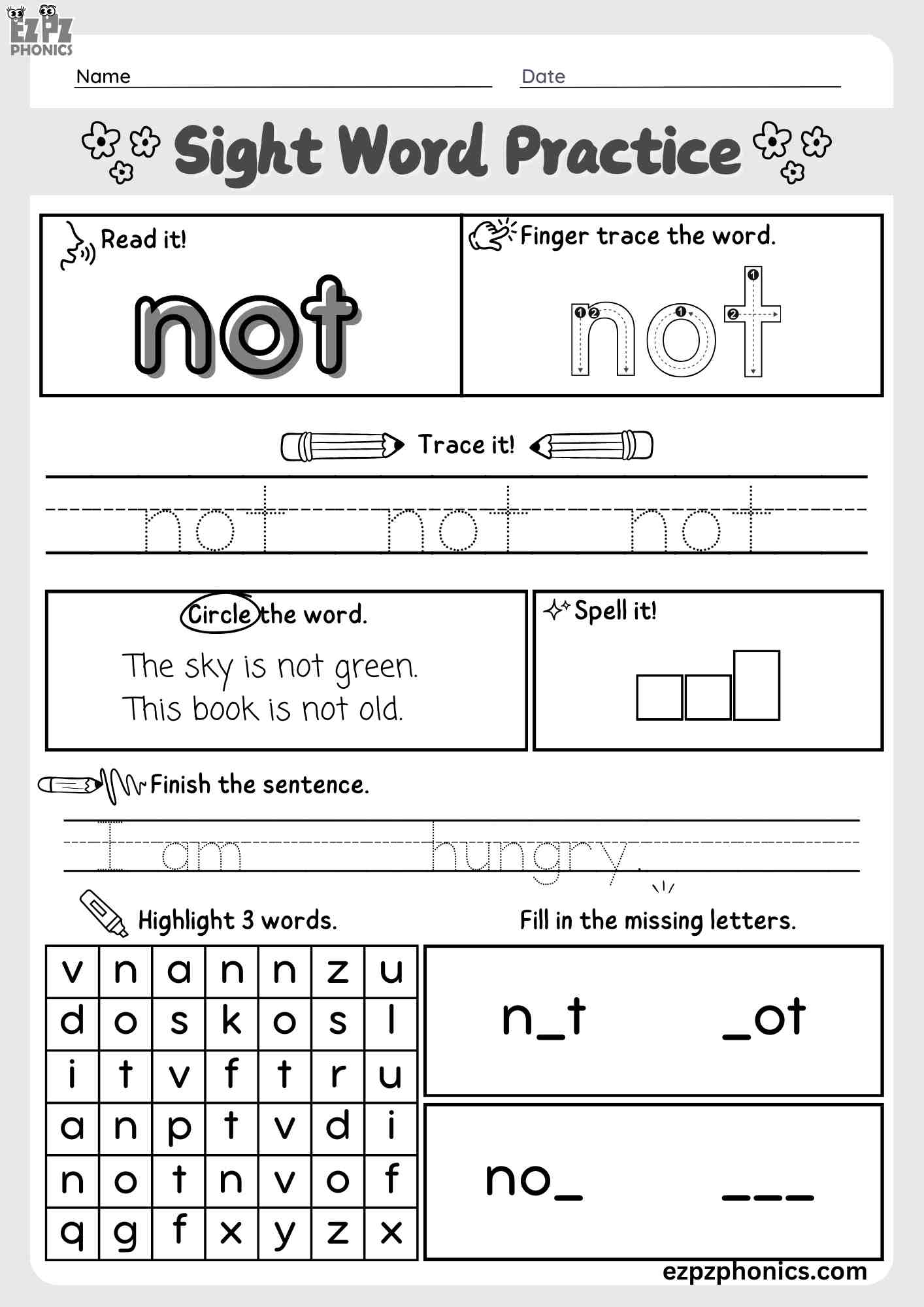 "Not" Dolch Sight Word Worksheet – Fun Activity for Early Readers